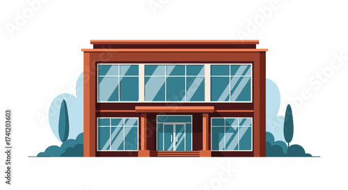 A modern office building with large windows and trees outside.