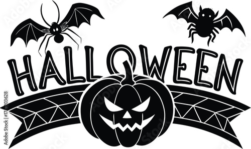 Halloween vector art of halloween themed illustration showcasing a grinning pumpkin, a spider, and a larger spider, all above a banner with the word halloween in a dripping font	
