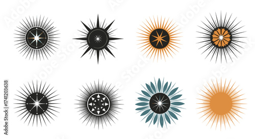 A collection of celestial sunburst starburst and radiant explosion graphic elements.