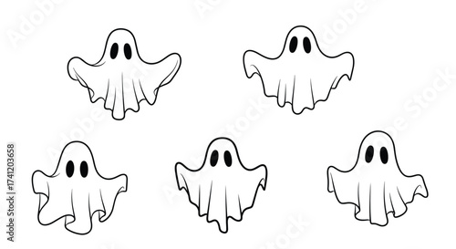 Five playful ghosts floating together in a fun and whimsical way.