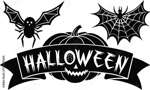 Halloween vector art of halloween themed illustration showcasing a grinning pumpkin, a spider, and a larger spider, all above a banner with the word halloween in a dripping font	
