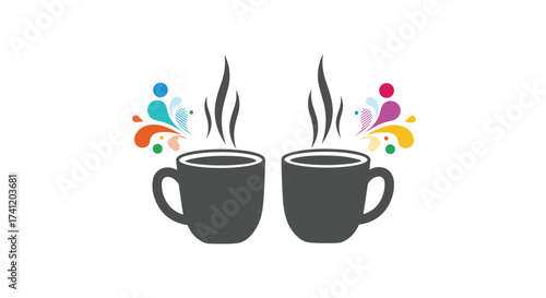 Two steaming coffee cups with colorful splashes.