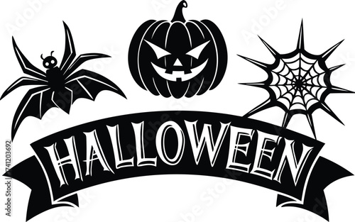 Halloween vector art of halloween themed illustration showcasing a grinning pumpkin, a spider, and a larger spider, all above a banner with the word halloween in a dripping font	
