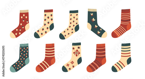 A collection of warm patterned socks for cozy winter days.