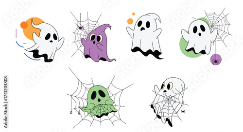 Adorable cartoon ghosts celebrating halloween together on a white background.