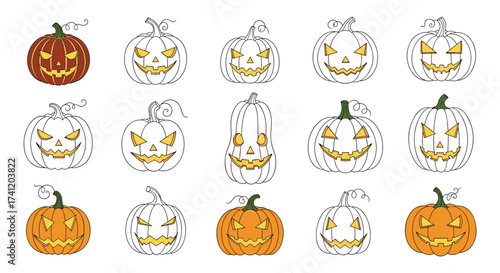 A collection of happy and spooky carved jack o lanterns for Halloween.