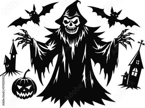 Halloween vector art of halloween themed illustration showcasing a grinning pumpkin, a spider, and a larger spider, all above a banner with the word halloween in a dripping font	

