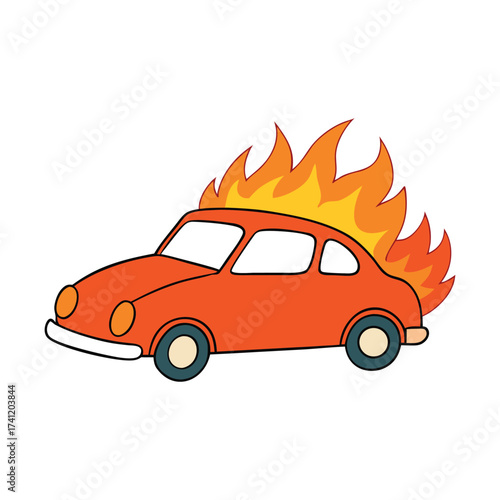 A fierce flaming car speeds through the streets, engulfed in blazing fire, leaving a trail of sparks and intensity, blending power, danger, and unstoppable energy.

