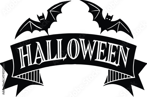 Halloween vector art of halloween themed illustration showcasing a grinning pumpkin, a spider, and a larger spider, all above a banner with the word halloween in a dripping font	
