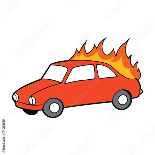 A fierce flaming car speeds through the streets, engulfed in blazing fire, leaving a trail of sparks and intensity, blending power, danger, and unstoppable energy.
