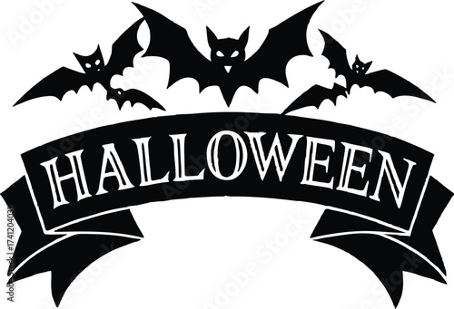 Halloween vector art of halloween themed illustration showcasing a grinning pumpkin, a spider, and a larger spider, all above a banner with the word halloween in a dripping font	
