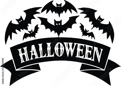 Halloween vector art of halloween themed illustration showcasing a grinning pumpkin, a spider, and a larger spider, all above a banner with the word halloween in a dripping font	
