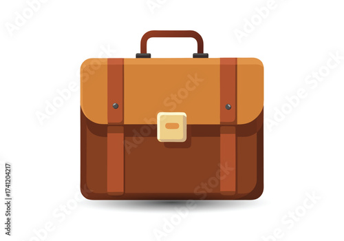 Classic brown leather briefcase with buckle and straps on a white background