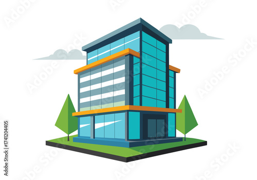 Modern glass office building with trees and clouds in a flat design style