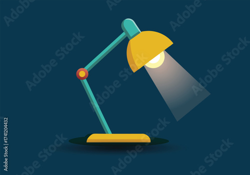 Modern adjustable desk lamp with a bright yellow shade casting a beam of light on a dark blue background