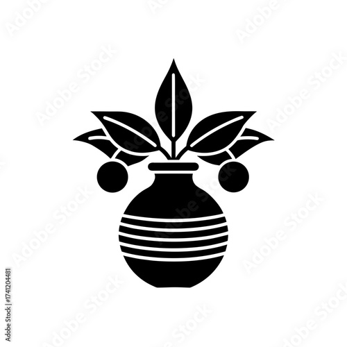 Vase with leaves and spherical elements on transparent background