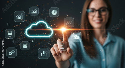 Cloud computing, data storage, digital transformation, and business analytics concept with smiling young woman interacting with virtual cloud icons and technology interface