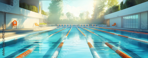 modern luxury  sport club swimming pool with clear water and orange lane markers, surrounded by greenery and architecture. scene evokes sense of relaxation and leisure