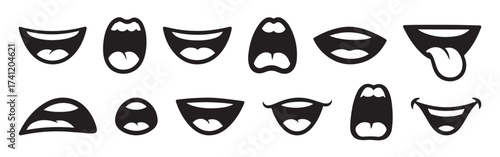 Lips and mouth in scream and smile. Cartoon mouth collection.