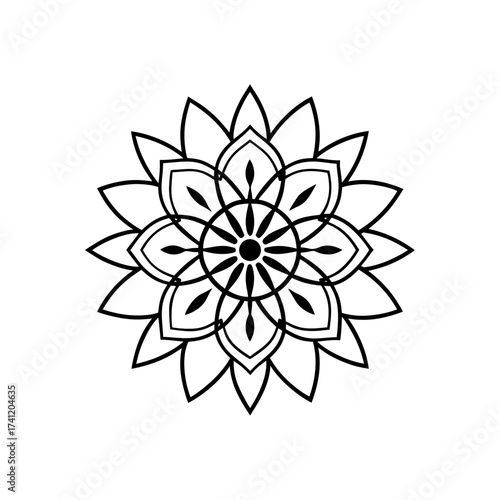 Simple floral mandala in black and white art on transparent background