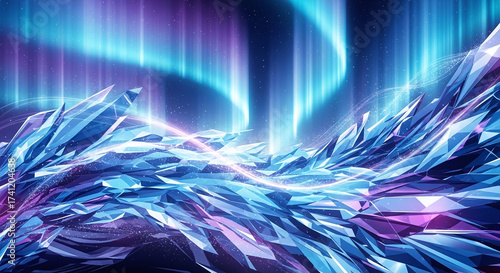 Digital Aurora Borealis Over Abstract Luminous Ice Forms. Futuristic Arctic Landscape Art with Vibrant Neon Lights and Shimmering Crystal Peaks.