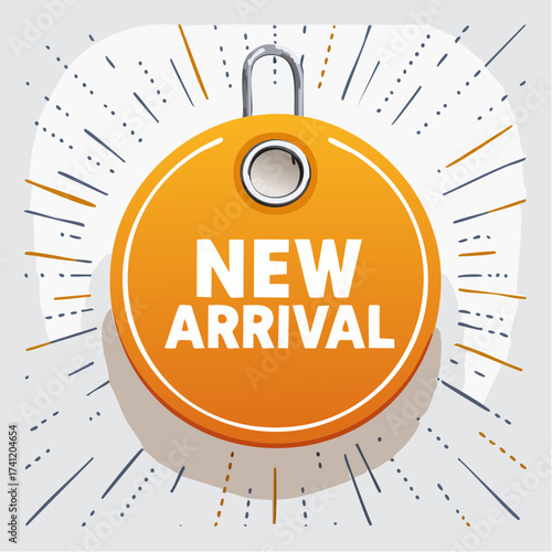 New arrival label, badge or banner design element template. Clothes tag layout with message pointing on new item from renewed collection.