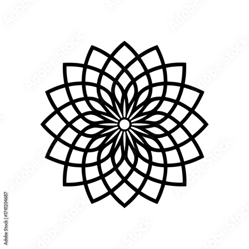 Geometric flower design with black lines on transparent background