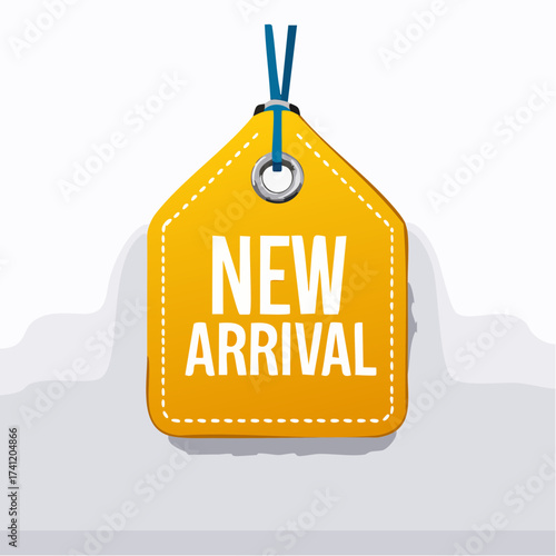 New arrival label, badge or banner design element template. Clothes tag layout with message pointing on new item from renewed collection.