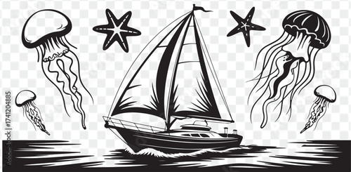 Oceanic Voyage Sailboat and Marine Life