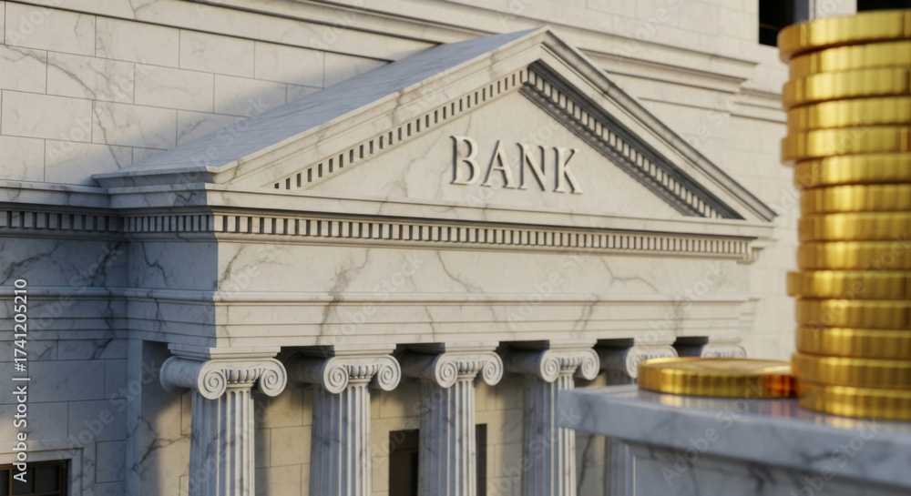 Obraz premium Bank building with marble columns, classical architecture, and stacked gold coins in foreground, symbolizing wealth, finance, and economic stability