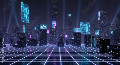Futuristic Digital Cityscape: Neon Urban Landscape with Glowing Grid, Data Streams, and Cyberpunk Aesthetics