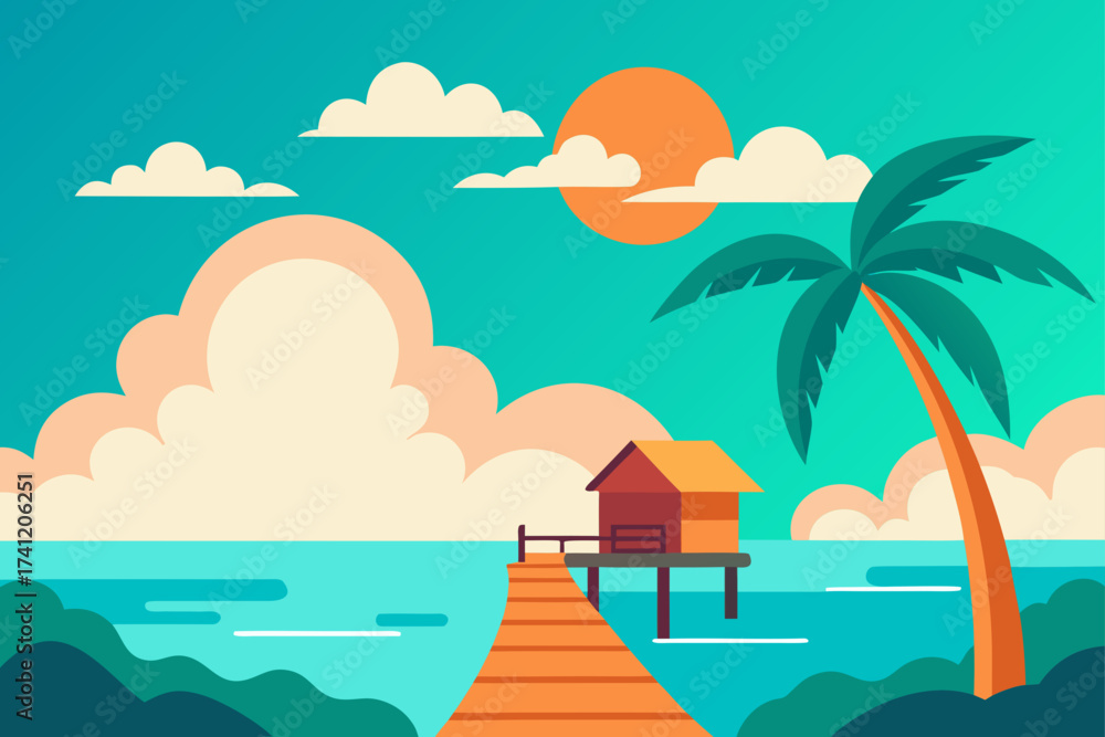 Obraz premium Tropical beach scene with hut and palm tree artwork