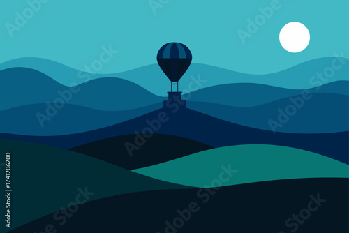 Balloon over hills with moon in the night scenery