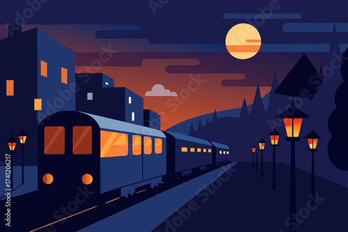 Train passing through city at night with full moon