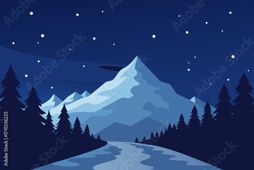 Mountain landscape with trees and starry night sky