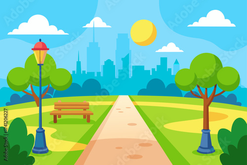 Cartoon park scene with bench and city background
