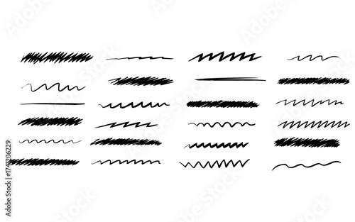 Hand Drawn Doodle Scribble and Underline Marker Set. Vector Collection of Black Wavy Lines, Zigzags, and Sketch Brush Strokes. Grunge Elements for Emphasis, Text Decoration, and Annotation.