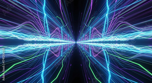 Futuristic Digital Data Stream Network Visualization. Abstract Cybernetic Light Trails. Modern Technology Concept Background. Dynamic Particle System for AI and Information Flow.
