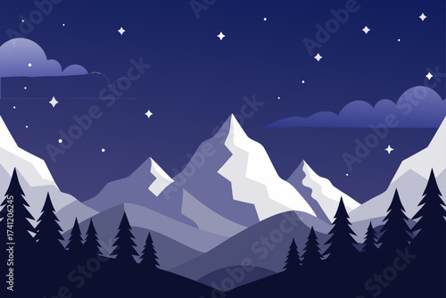 Night landscape with mountains trees and stars view