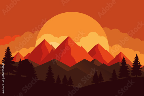 Illustration of mountains with trees and a sunset