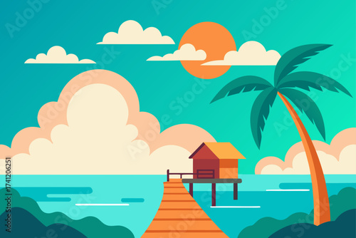 Tropical beach scene with hut and palm tree artwork