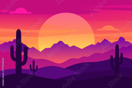 Illustration of desert landscape with sunset and cacti