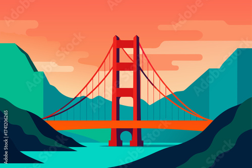 Golden gate bridge with mountains and sky backdrop