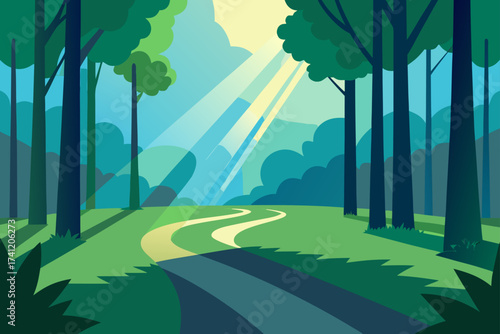 Illustration of a forest path with sunlight shining