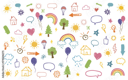 Cute kid scribble line flower, heart. rainbow background. Hand drawn doodle sketch childish element set. Flower, heart, cloud children draw style design elements background. Vector illustration