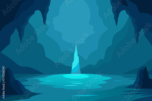 Illustration of a blue cave with water and stalactites