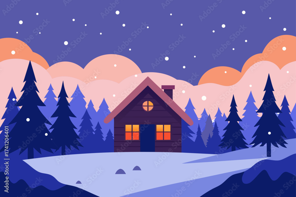 Naklejka premium Cabin in the woods during a snowy winter night sky