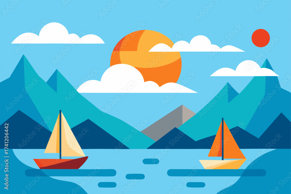 Naklejka premium Two sailboats on a lake with mountains and sun view