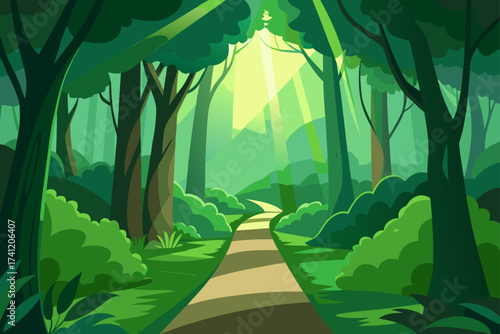 A path through a lush green forest with sunlight