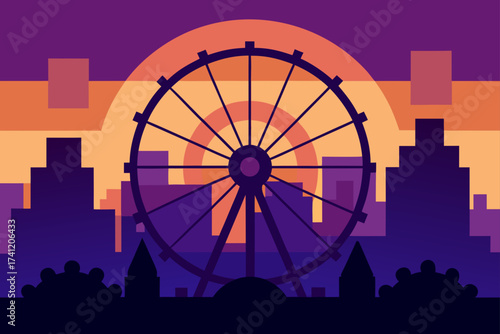 Ferris wheel and cityscape at dusk in silhouette